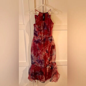 Lulus - Admirable Essence Magenta Floral Organza Trumpet Midi Dress